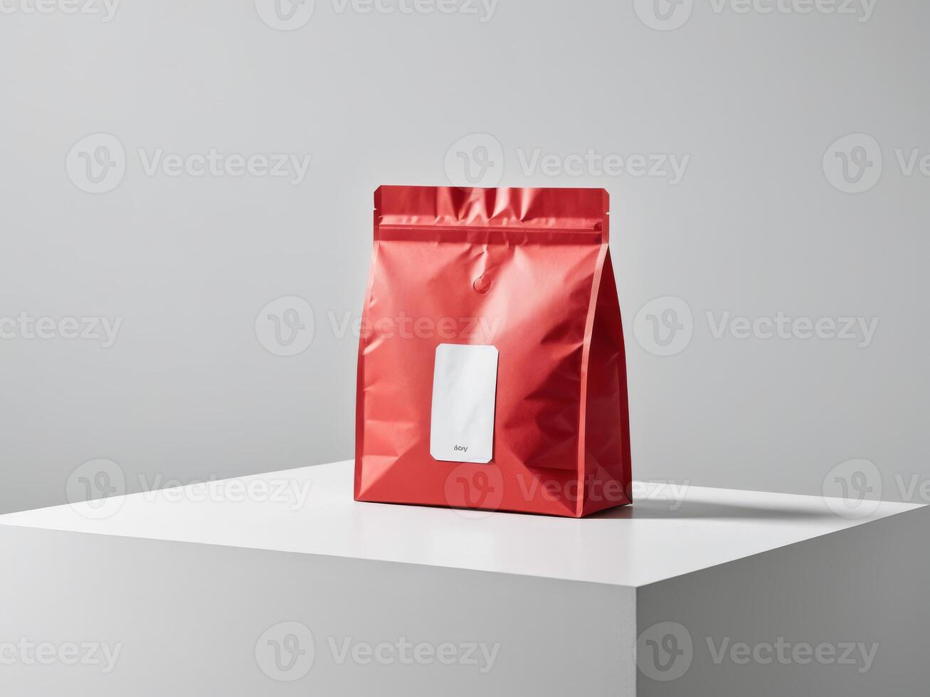 red paper doypack placed on a podium on an empty background. photo