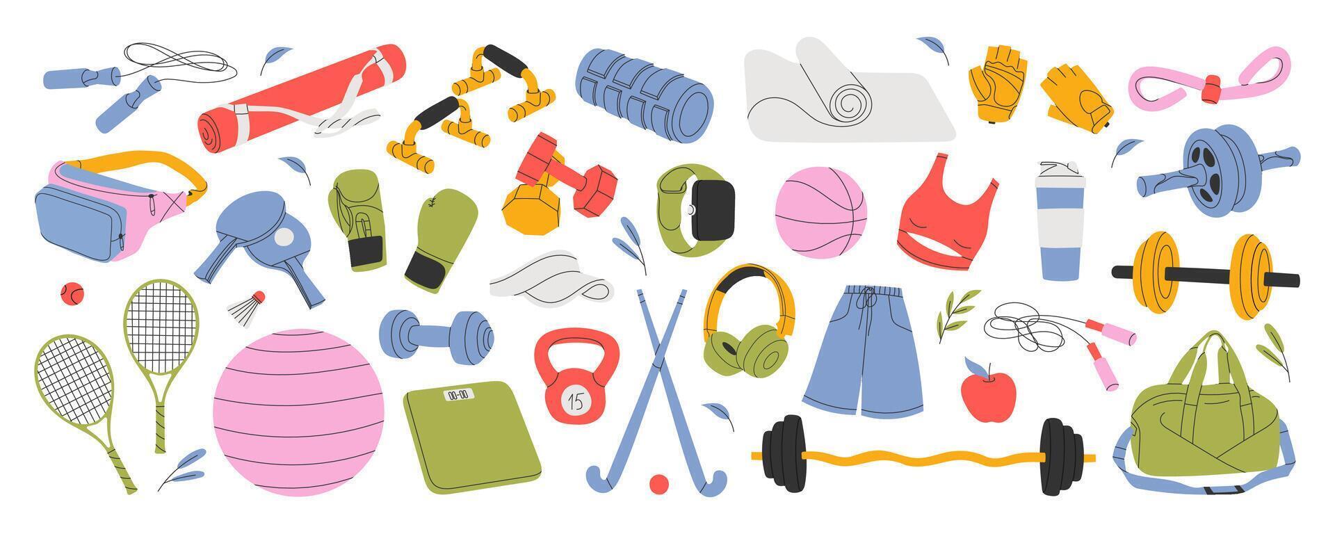 Sport equipment, gym and fitness stuff set. Workout accessories, objects. Soccer and basketball balls, tennis rackets, mat, bag, dumbbell. Flat graphic illustration isolated on white background vector