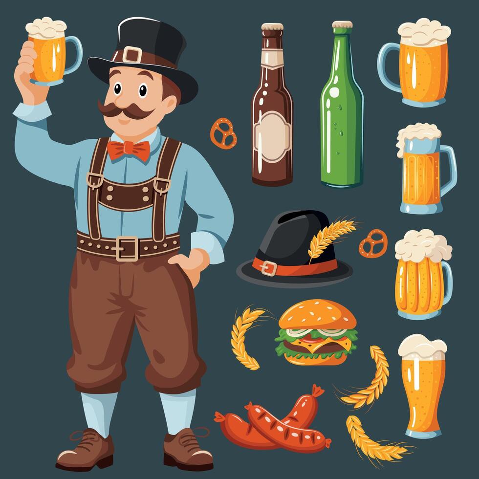 set of elements on the Oktoberfest theme. Glasses of beer, bottles of beer, hamburger, frying sausages and more. vector