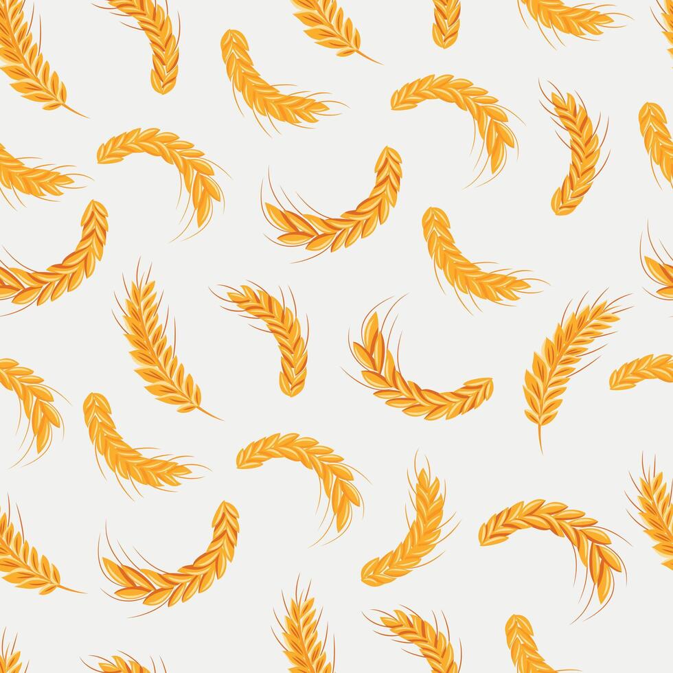 A seamless pattern of yellow ears of wheat is shown on a white background. The vibrant illustration creates a sense of movement and energy. The pattern is both simple and complex vector