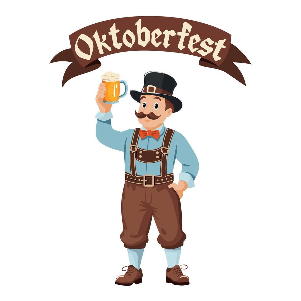 A Bavarian man in a hat smiles and suspenders holds a beer. Above it is a ribbon with the inscription Oktoberfest. vector