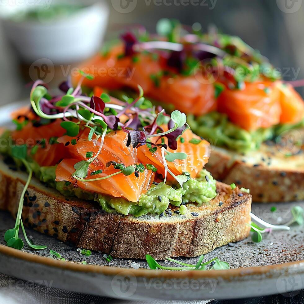 Delicious sandwich salmon and salad generated by AI photo