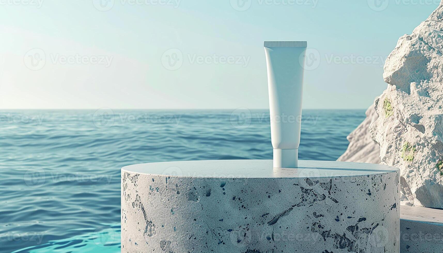 Empty mockup of sunscreen tube in summer on beach generated by AI photo