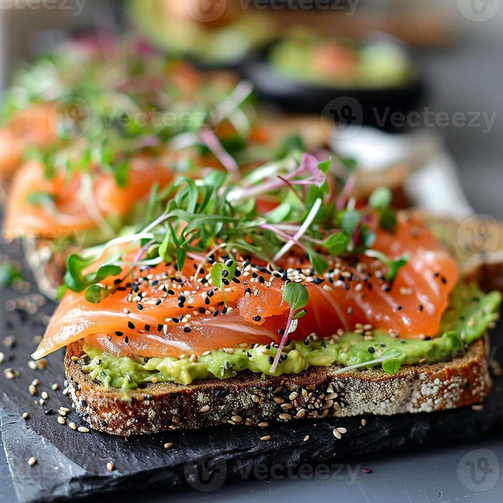 Delicious sandwich salmon and salad generated by AI photo