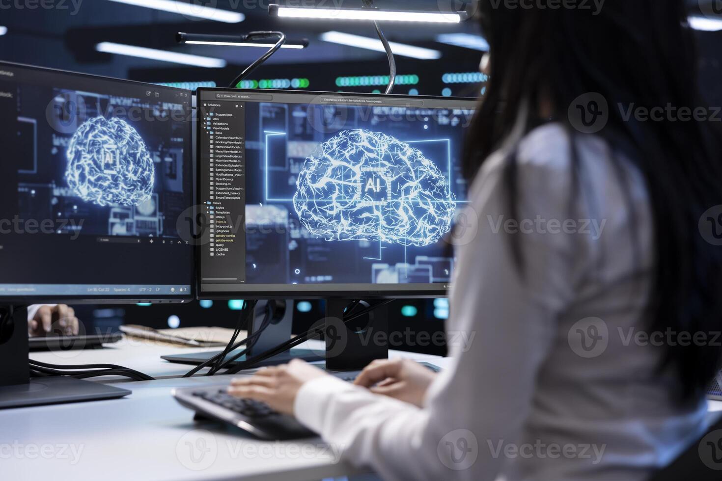 Programmer using AI tech on computer to do maintenance in server room providing storage. Worker in data center workplace using PC to enable artificial intelligence to process datasets for training photo