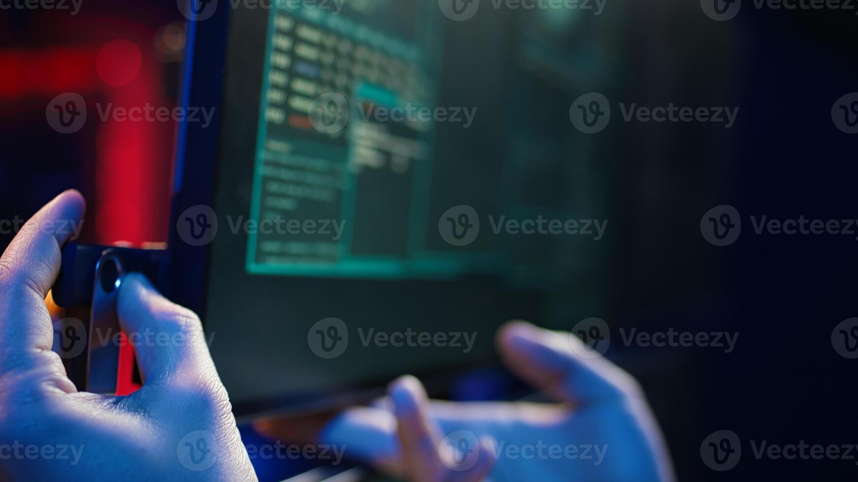 Extreme close up shot of hacker uploading USB flash drive into PC. Scammer using storage device containing data obtained from victims after tricking them into installing ransomware program, camera B photo