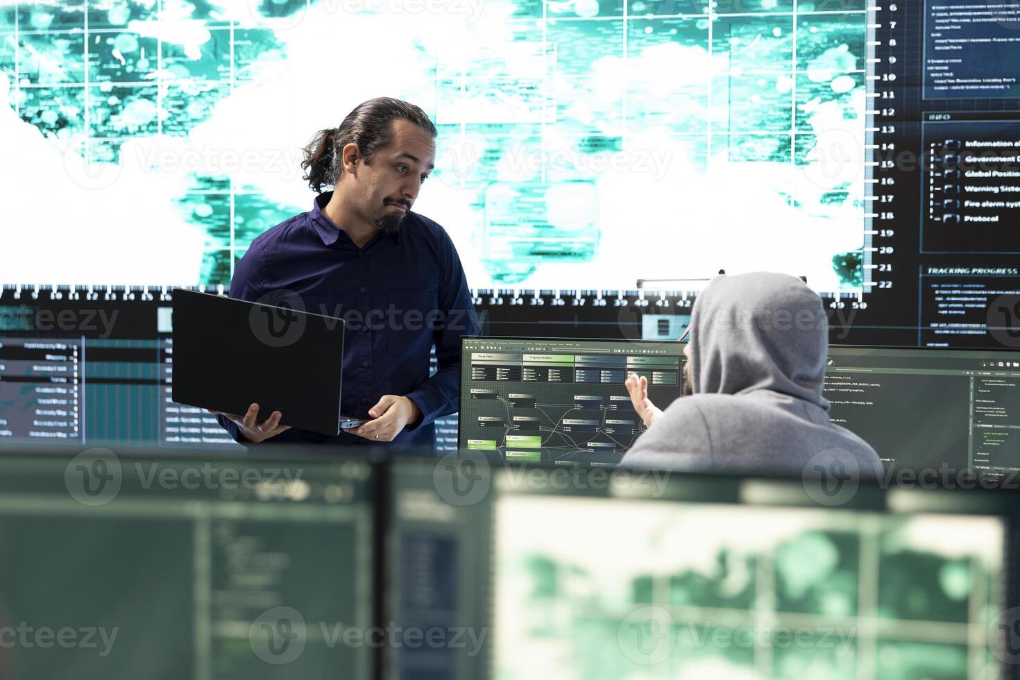 Cyber intelligence team using advanced technology to secure computer networks, governmental espionage system. Emphasizing cyber security and threat detection to combat cyberterrorism. photo