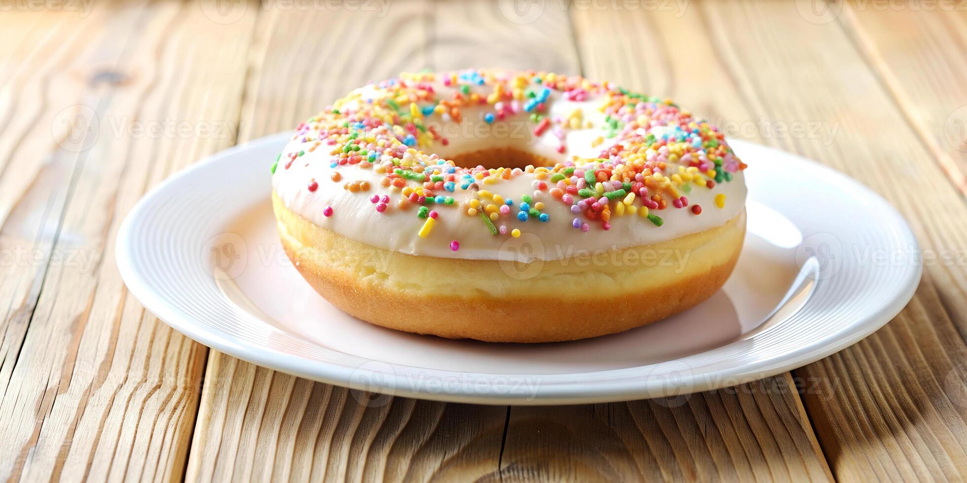 Donut on white plate, against background of wooden surface, generated by AI. photo