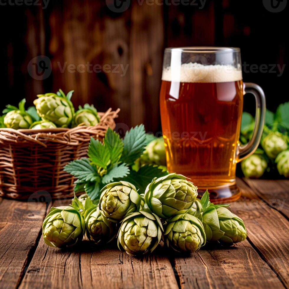 Oktoberfest poster with glass of beer and hop cones on wooden surface, generated by AI. photo