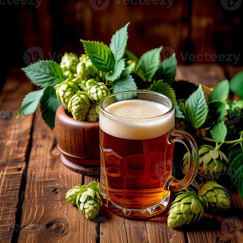 Oktoberfest poster with glass of beer and hop cones on wooden surface, generated by AI. photo