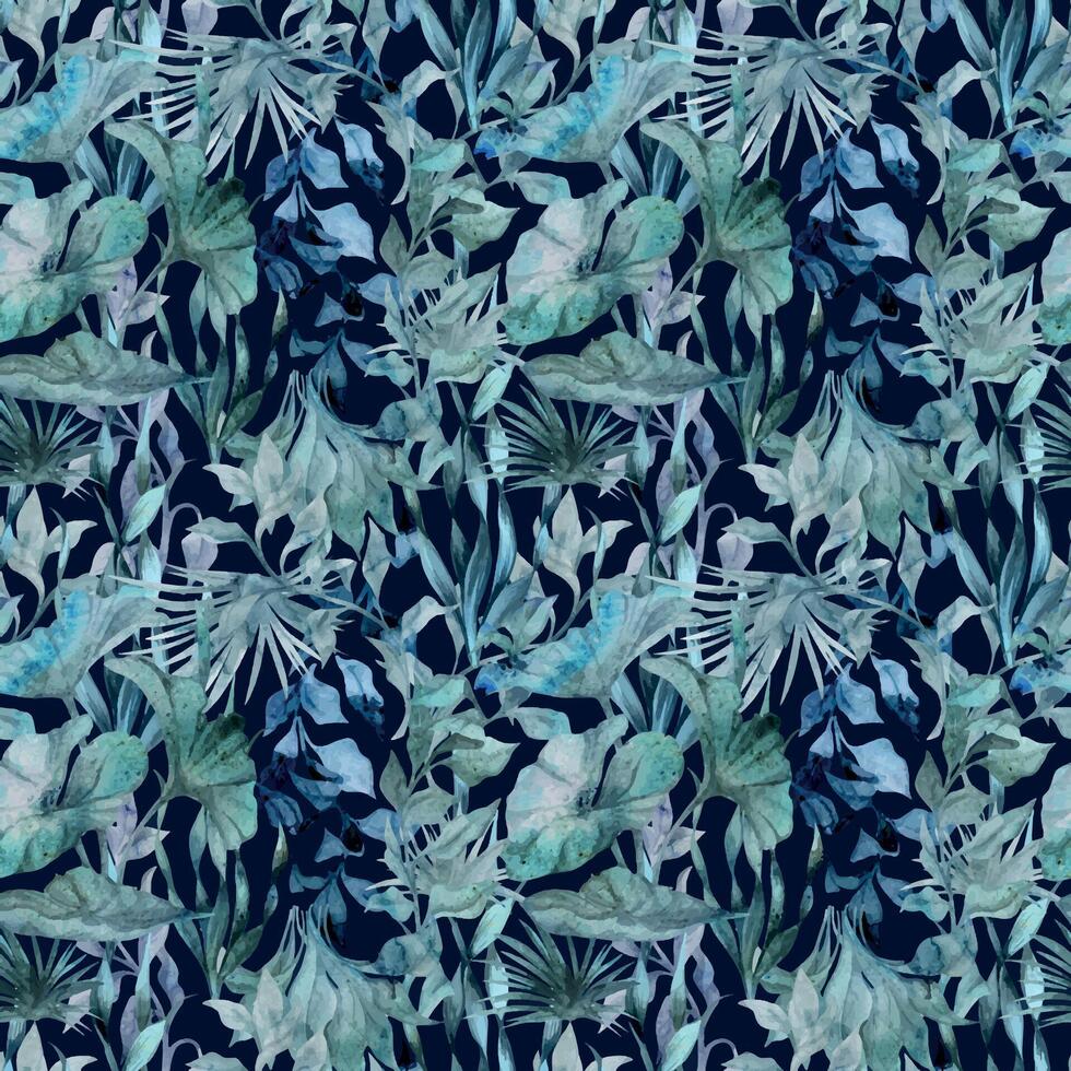 Watercolor and ink hand drawn marine life, sea ocean underwater creatures. fish, shells algae seaweed. Seamless pattern illustration, stylized, isolated on dark. Zoo shop, aquarium, cosmetics, resort vector