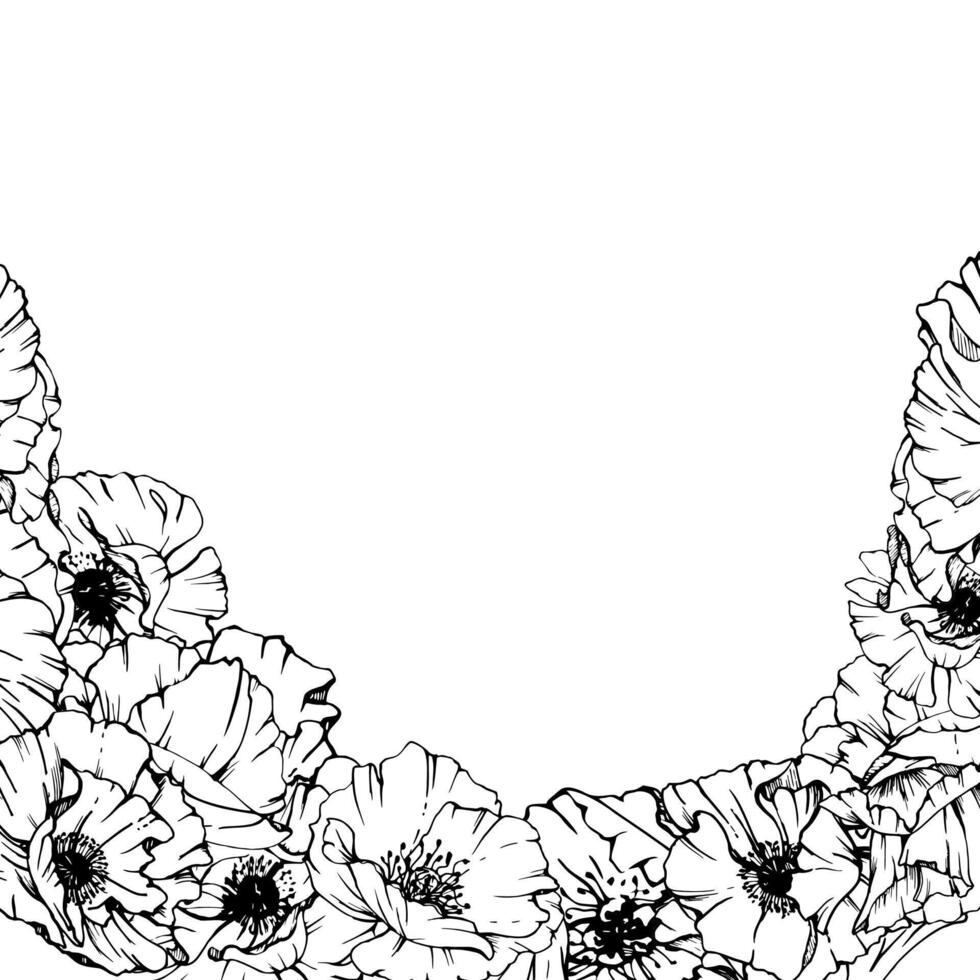 Hand drawn graphic botanical illustration flowers leaves. Red poppy papaver, stems buds seedpods. Border frame isolated on white background. Design wedding, cards, remembrance day stationery. vector