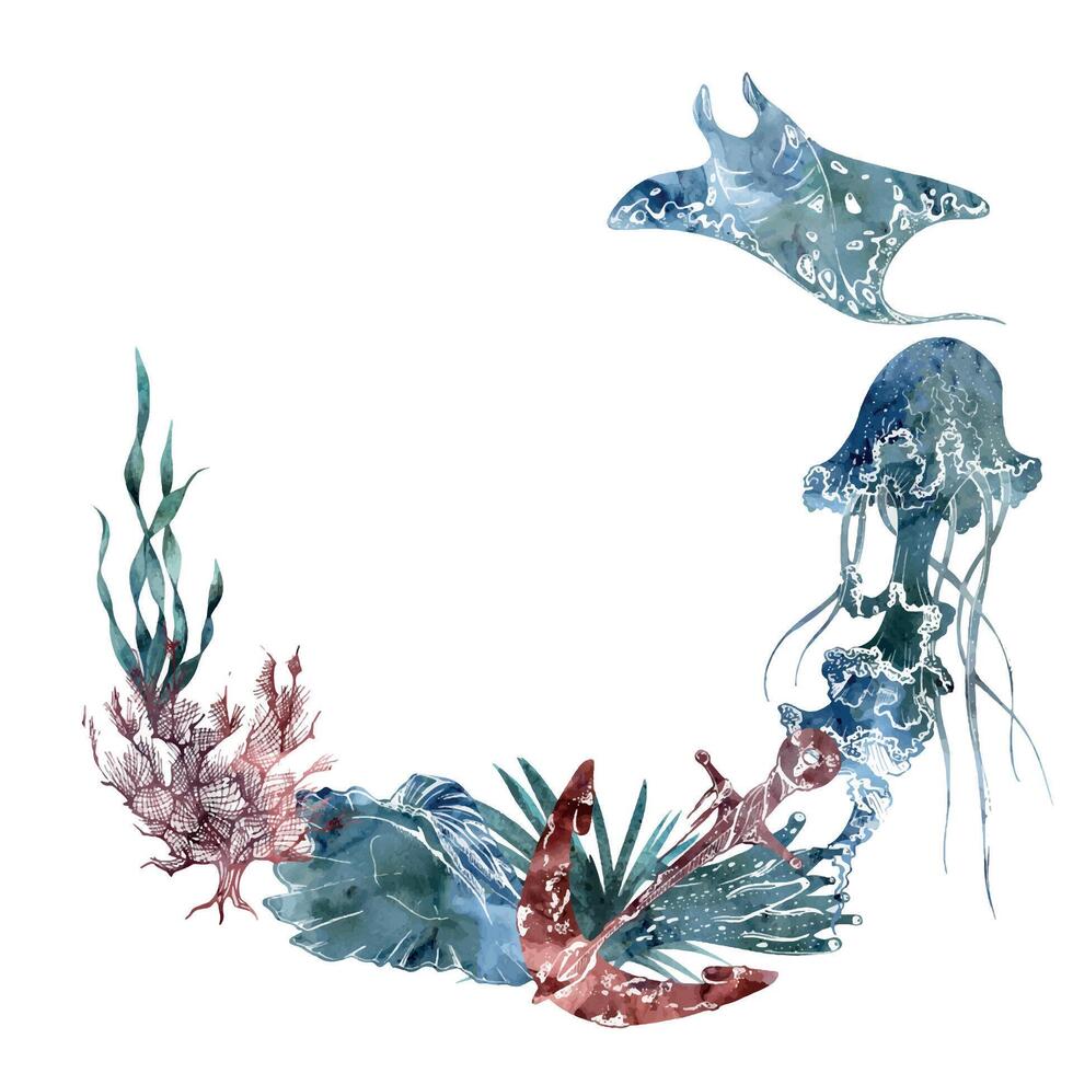 Watercolor and ink hand drawn marine life, sea ocean underwater creatures. fish, shells algae seaweed. Wreath frame illustration, stylized, isolated on white. For zoo shop, aquarium, cosmetics, resort vector
