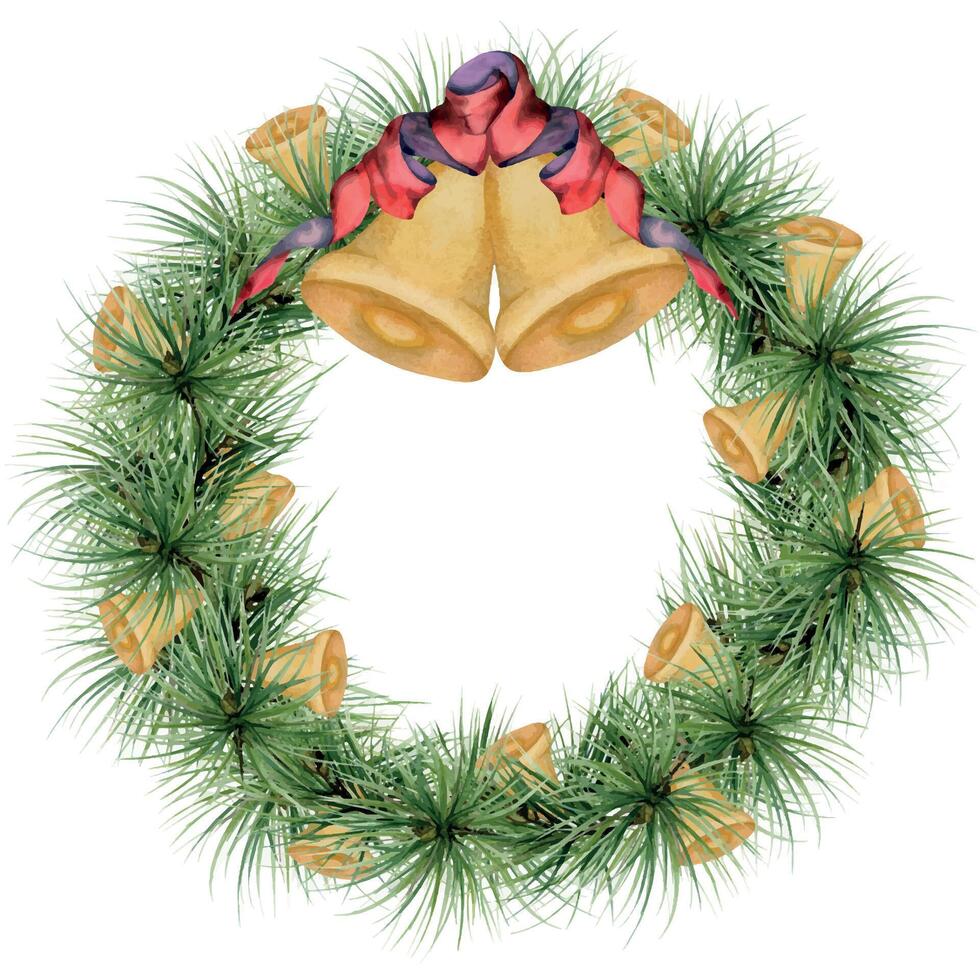Pine tree, fir tree, spruce branches, gold bell with ribbon bow. Watercolor hand drawn illustration, wreath frame isolated on white. Xmas, happy new year festive, noel navidad. Cards, gifts, florist. vector