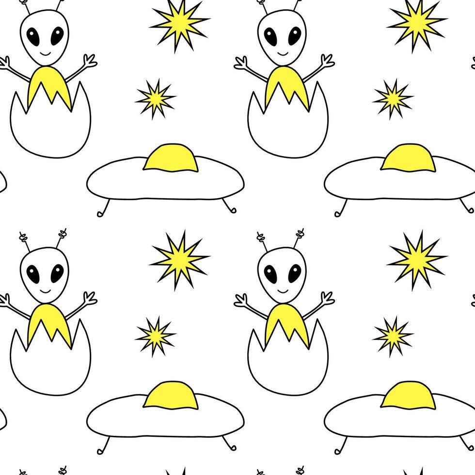 Alien and spaceship baby cute seamless pattern. Illustration. Funny children background. Line art for kids clothes print. Hand drawn sketch doodle style. vector