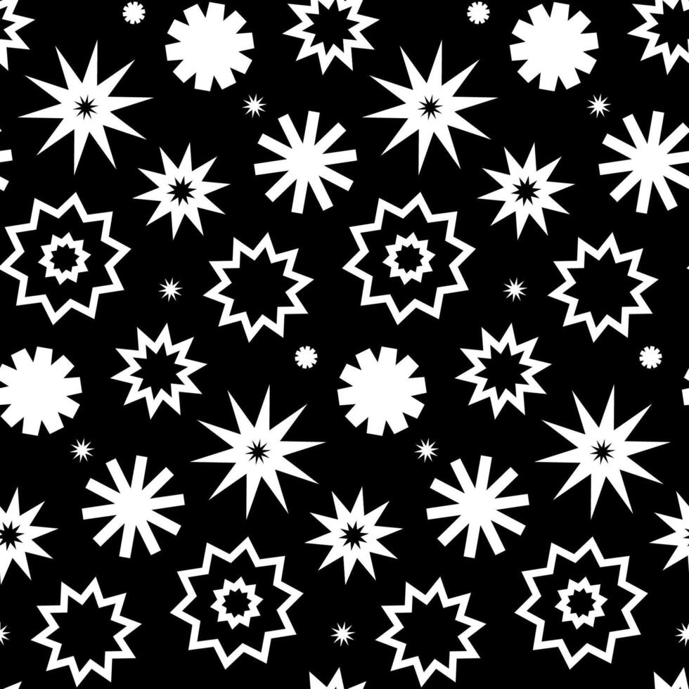 Stars seamless pattern. Monochrome illustration. Black and white abstract starry background. Set of different star shapes. vector