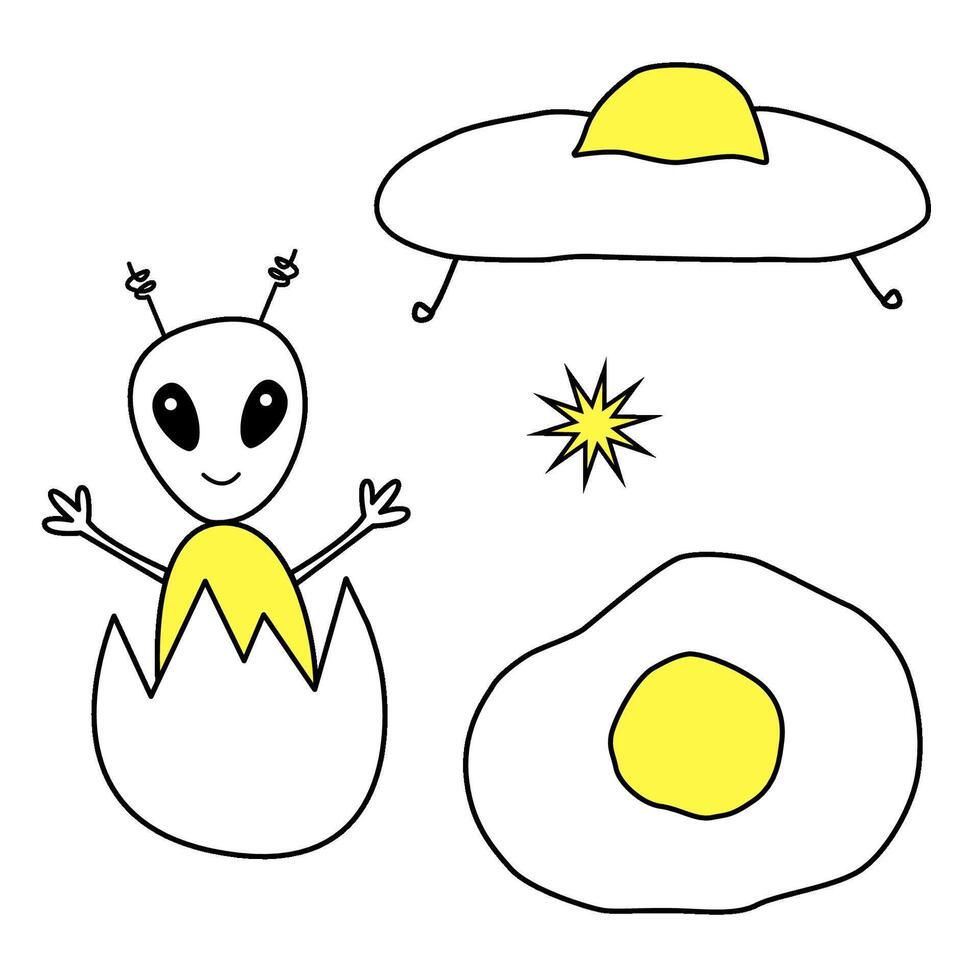 Alien, spaceship, fried egg baby cute set. Illustration. Funny children alien character. Linear simple drawing for kids print, coloring book and clothes. Hand drawn sketch doodle style. vector