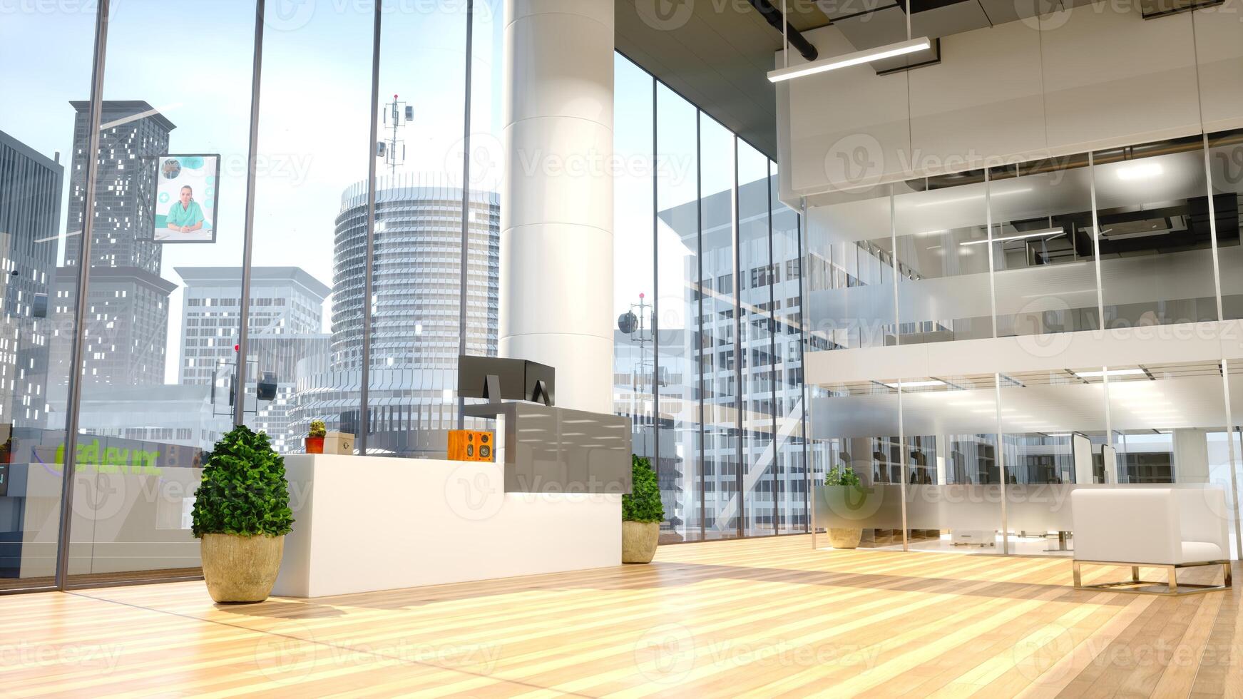 Spacious office lobby with a bright minimalist design in a tall urban building. Large glass windows offer panoramic views of the city, high end corporate atmosphere with elegant decorations. photo