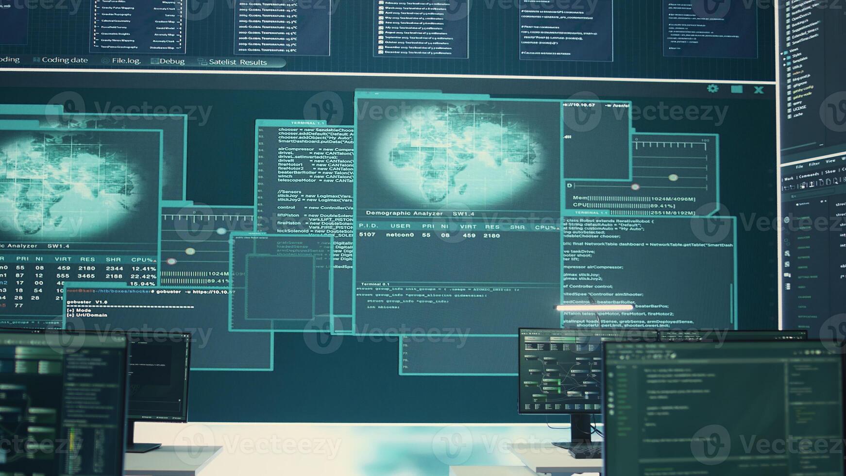 High tech governmental cyber security room without staff at work. Preventing cyber threats, phishing attacks and data breaches with advanced network security and digital protection. Camera B. photo