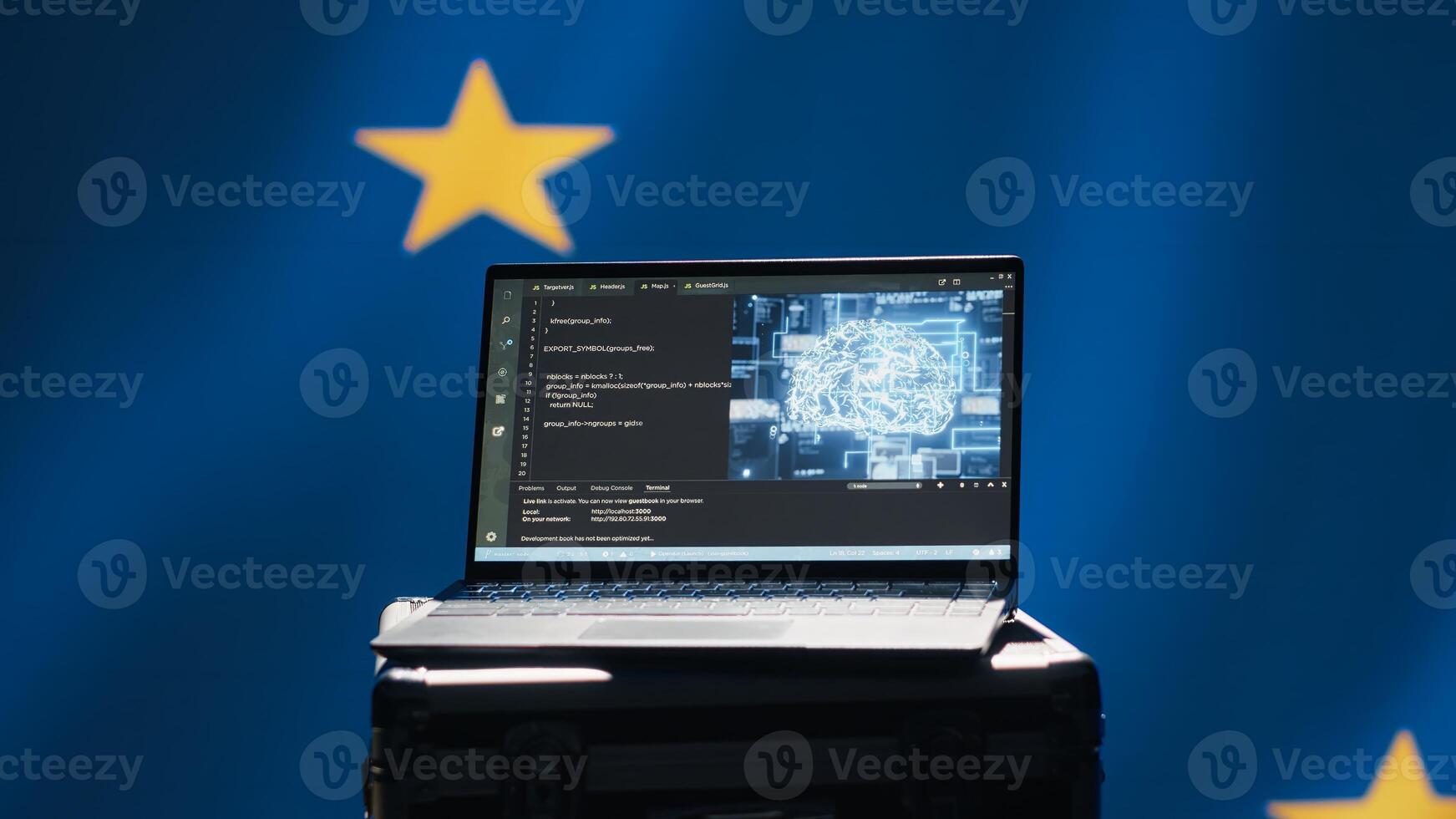 AI technology used by European Union alliance to combat illegal bot accounts on social media. Artificial intelligence algorithms detecting fake news running on laptop in EU command center, camera A photo