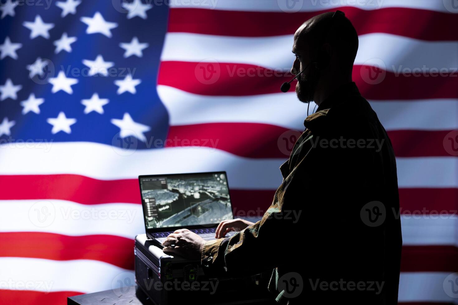 American NATO air defense operator uses radar detecting missile attacks, conducting space surveillance and satellite tracking. United States agent uses military software preventing rockets photo