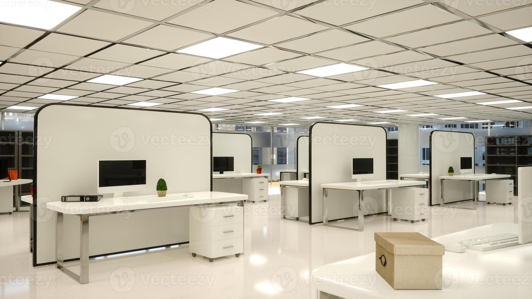 Spacious open floor plan space with organized desks and work cubicles, modern high end decorations. Illustration of an empty professional minimalist workspace, efficient business office. photo