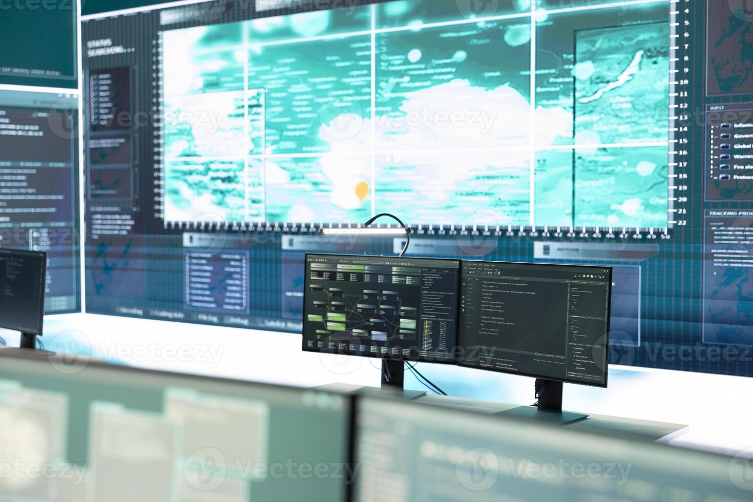 High tech governmental cyber security room without staff at work. Preventing cyber threats, phishing attacks and data breaches with advanced network security and digital protection. photo