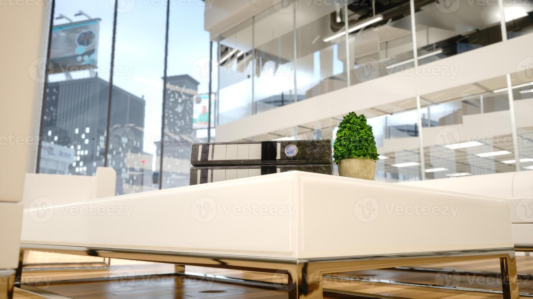 Luxurious office headquarters featuring a modern reception area with a panoramic city view. Contemporary design, natural light and minimalist decorations create a clean welcoming space. photo