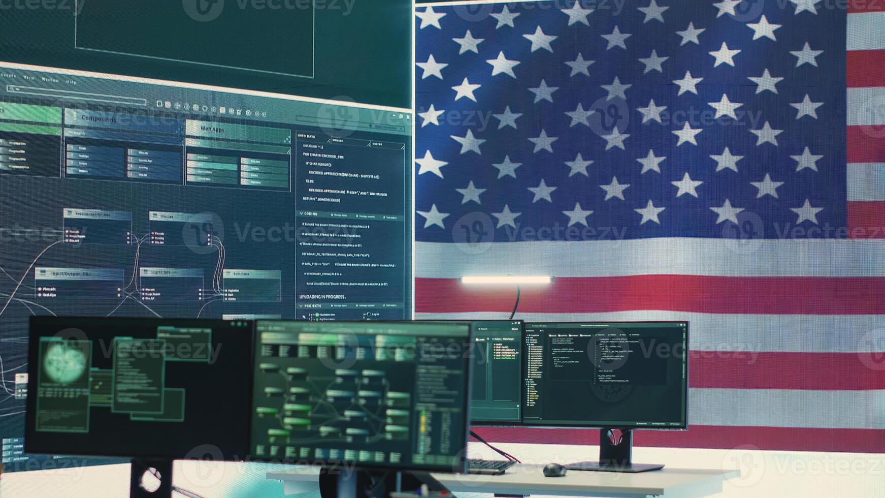 Empty high tech office with a big screen showing an American flag, representing cybersecurity operations. Encryption, malware detection and security protocols to ensure data security. Camera A. photo