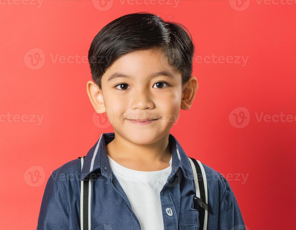 A boy looking at camera with excited face expression in front of the red background photo