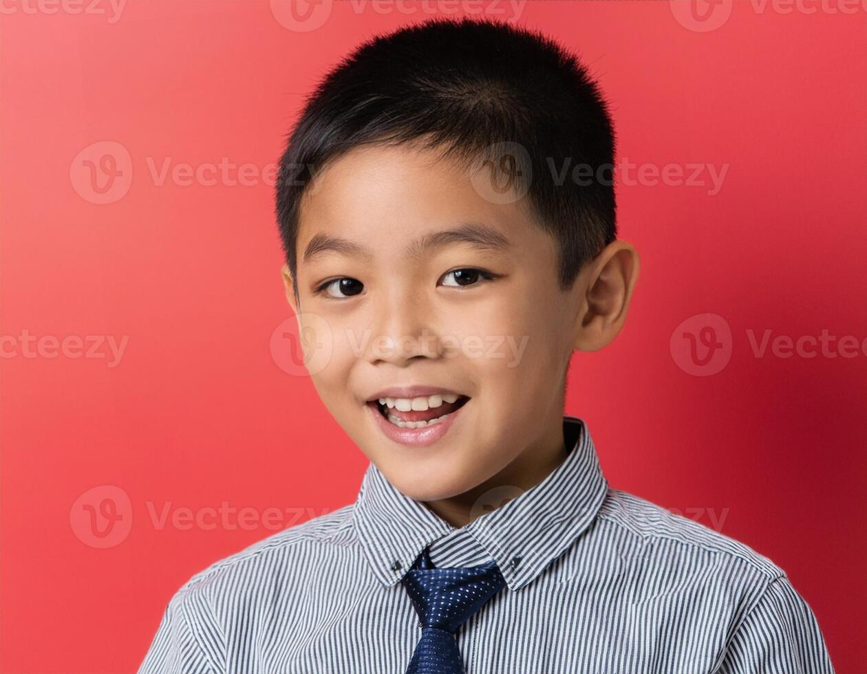 A boy looking at camera with excited face expression in front of the red background photo