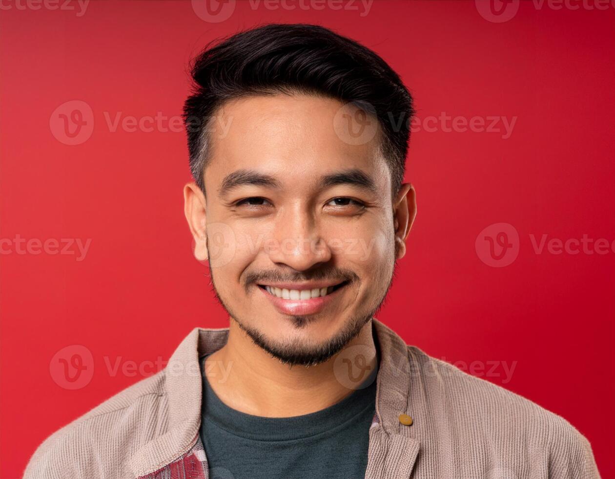 A men with 35 years old looking at the camera with excited facial expression in front of the red background photo