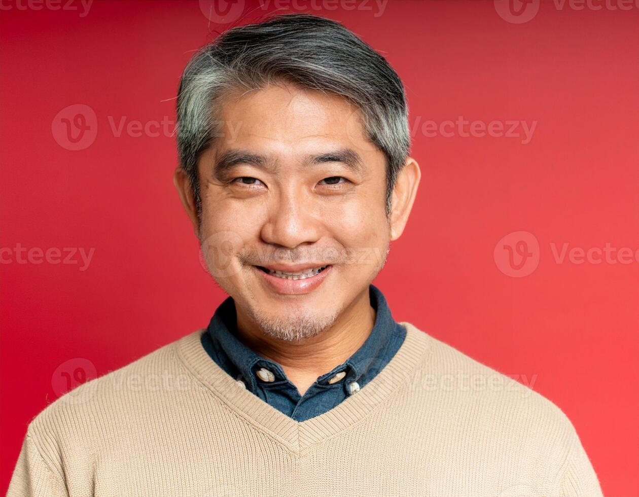 A men with 55 years old looking at the camera with excited facial expression in front of the red background photo