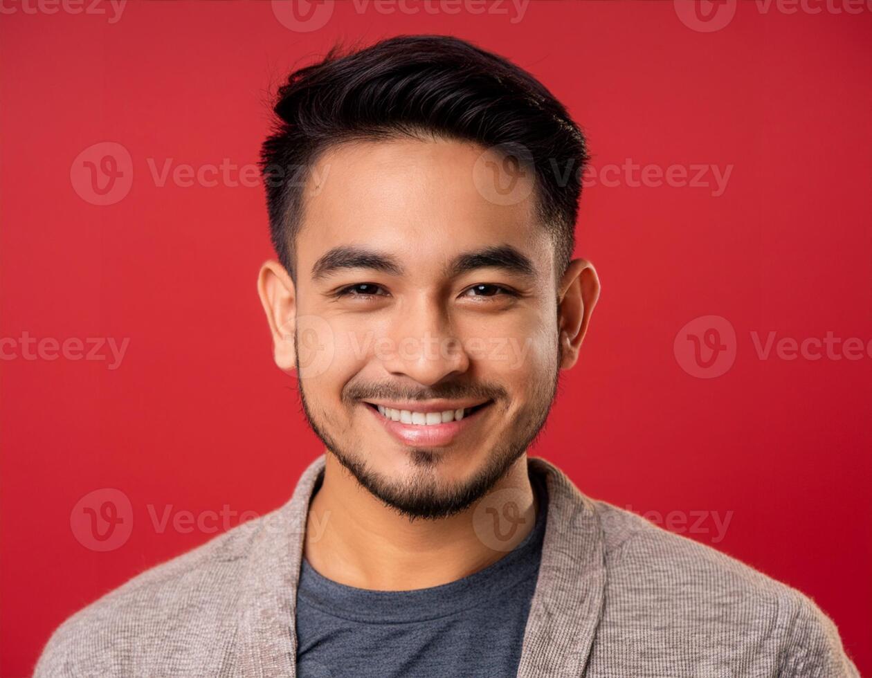 A men with 30 years old looking at the camera with excited facial expression in front of the red background photo