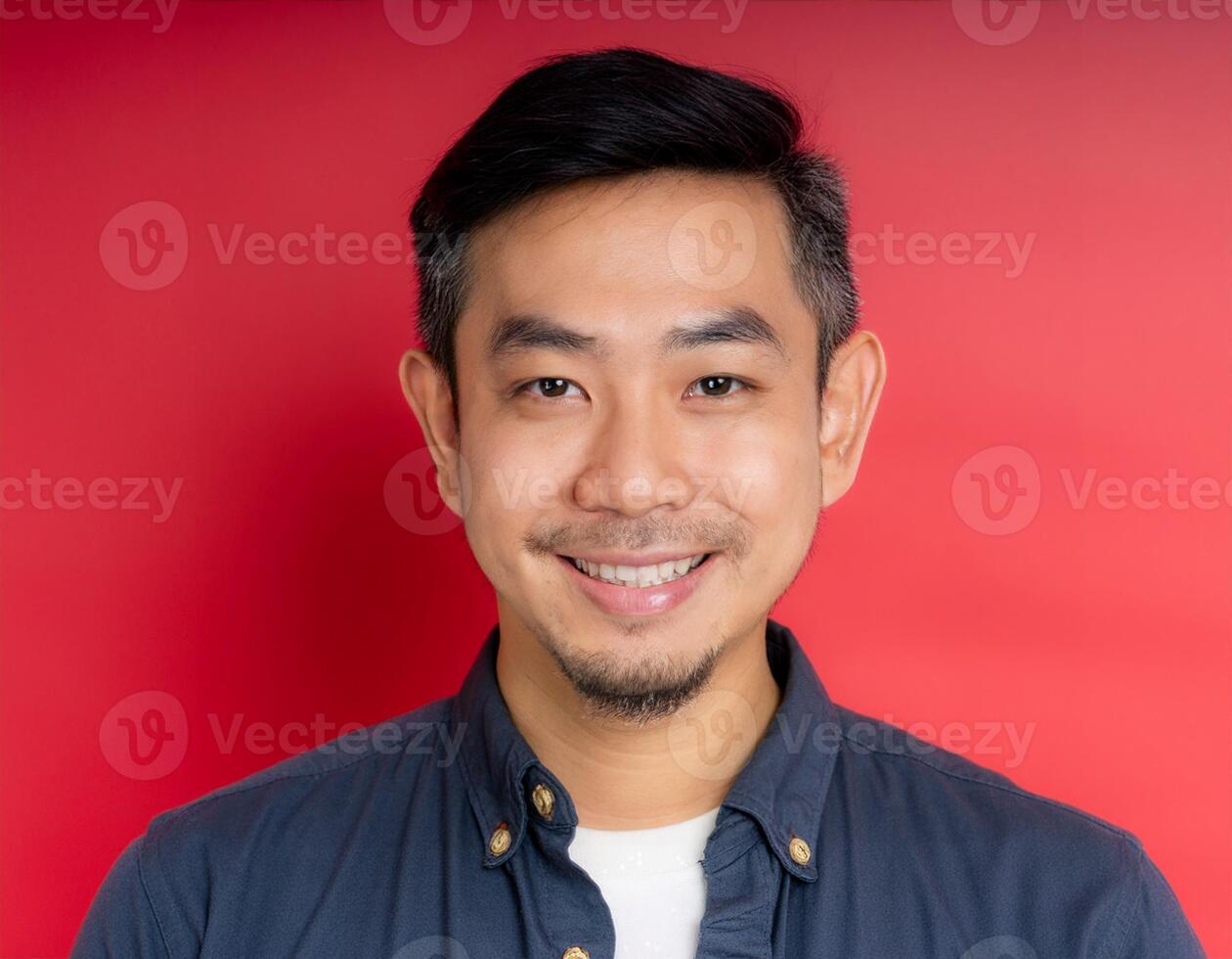 A men with 35 years old looking at the camera with excited facial expression in front of the red background photo