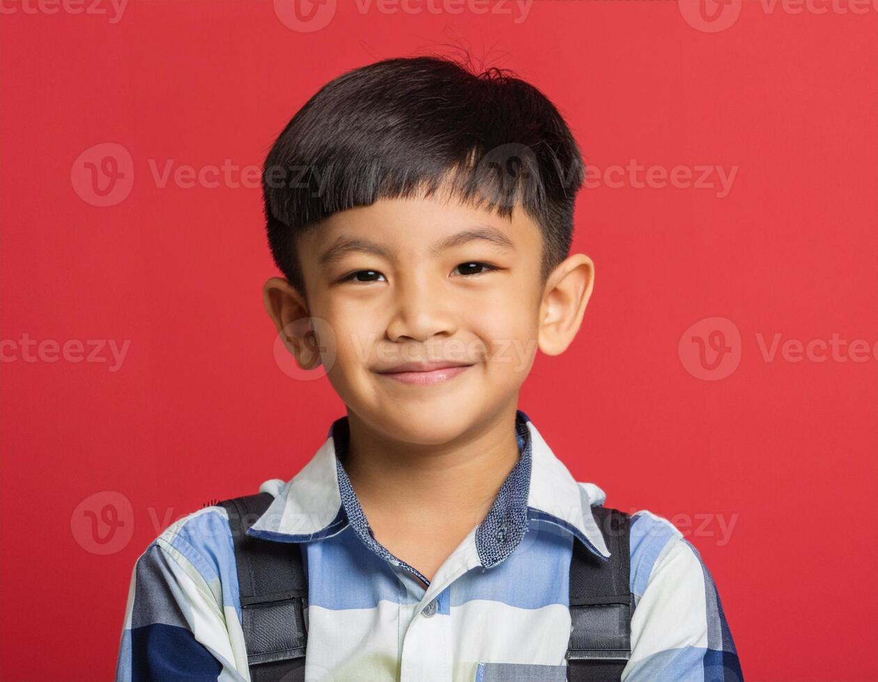 A boy looking at camera with excited face expression in front of the red background photo
