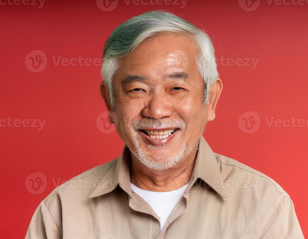 A men with 75 years old looking at the camera with excited facial expression in front of the red background photo