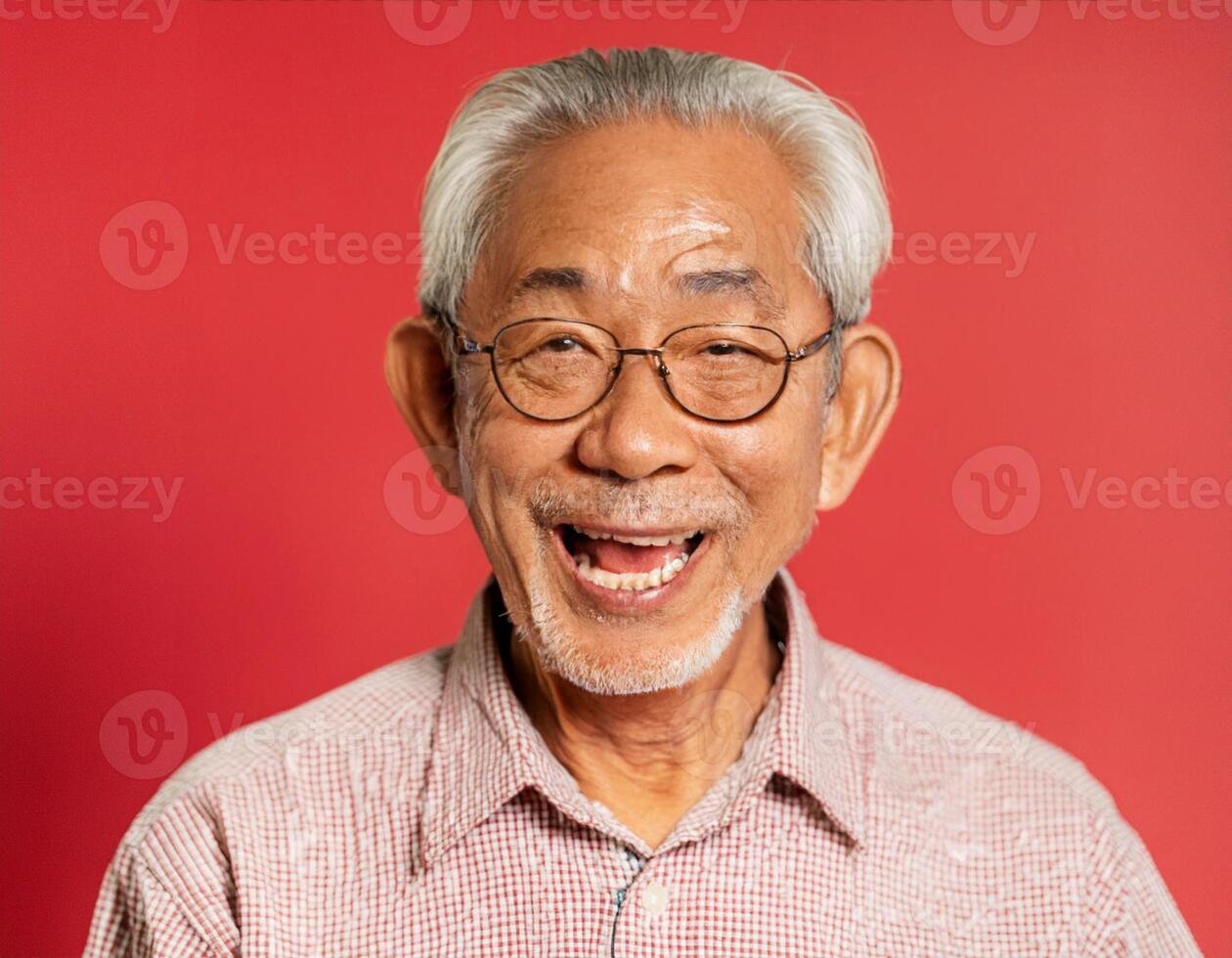 A men with 85 years old looking at the camera with excited facial expression in front of the red background photo