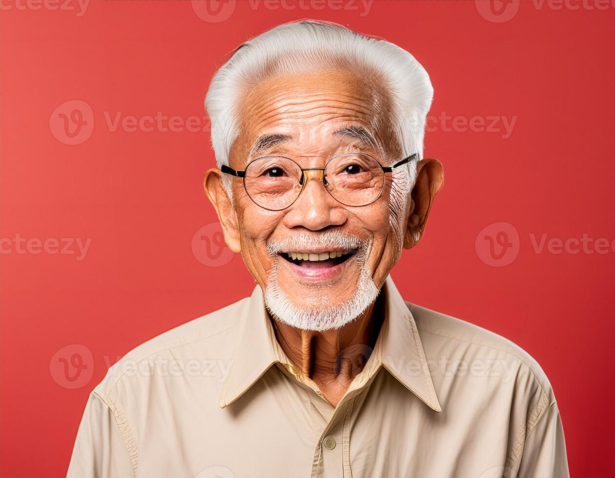 A men with 90 years old looking at the camera with excited facial expression in front of the red background photo
