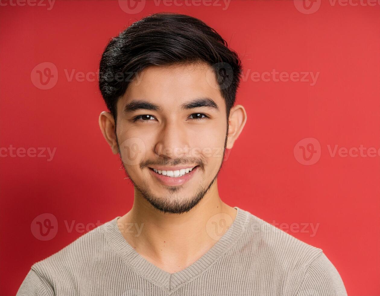 A men with 21 years old looking at the camera with excited face expression in front of the red background photo