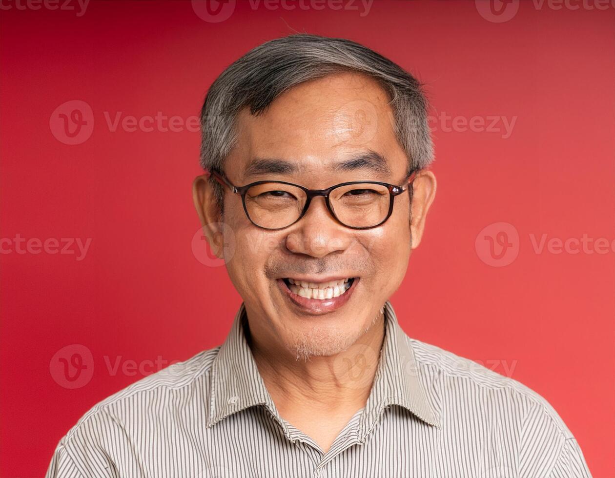 A men with 60 years old looking at the camera with excited facial expression in front of the red background photo