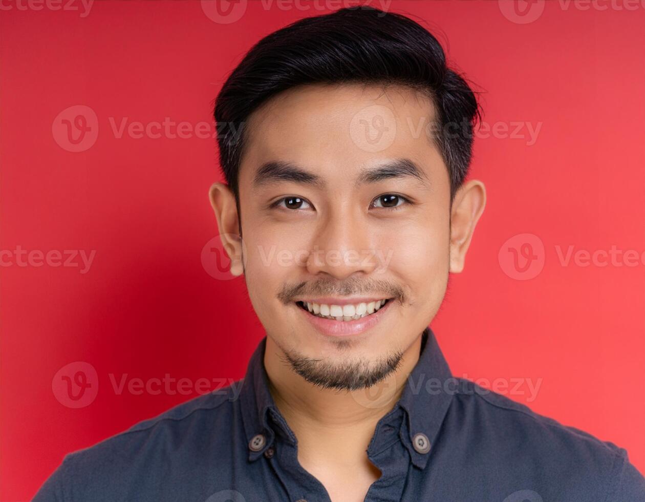 A men with 30 years old looking at the camera with excited facial expression in front of the red background photo
