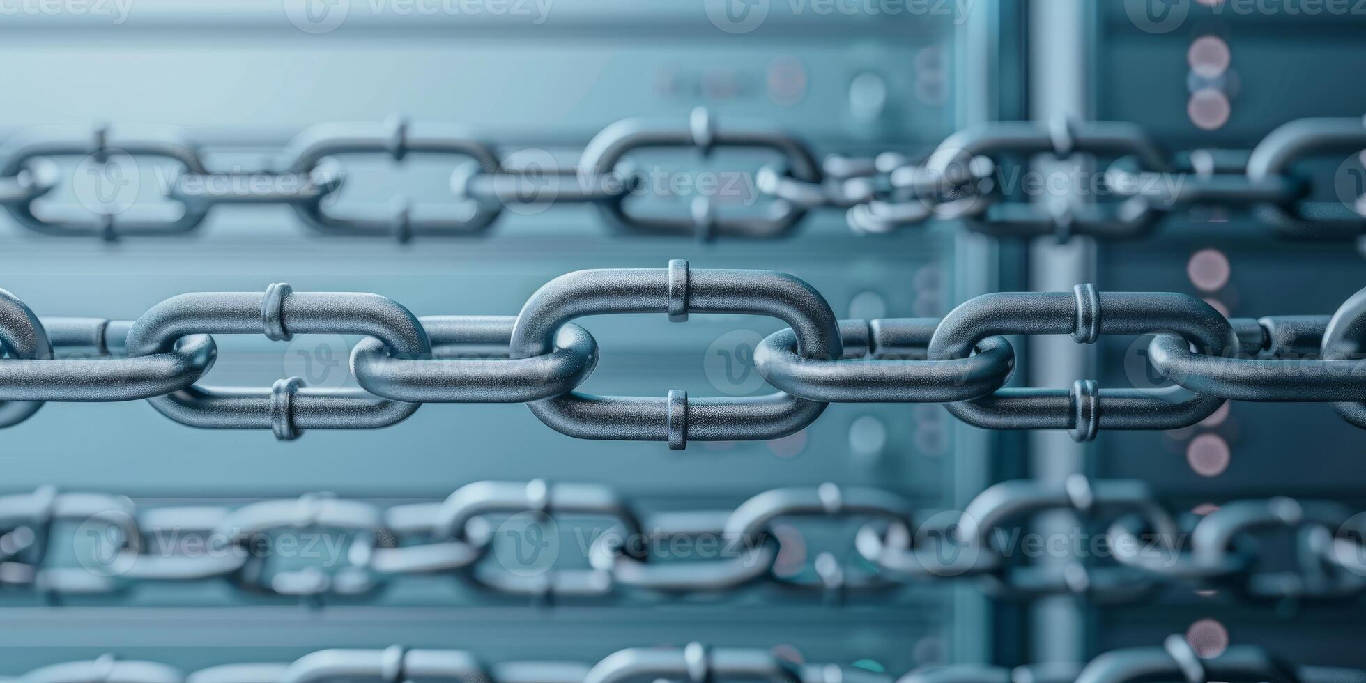 secure data network connection silver metal chain links close-up with server rack in background abstract concept for cybersecurity, data security, int photo
