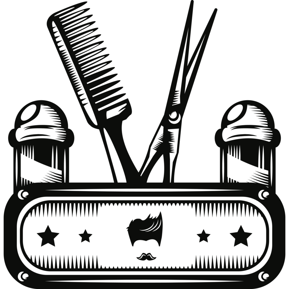 emblem for barbershop with scissors razor and comb png