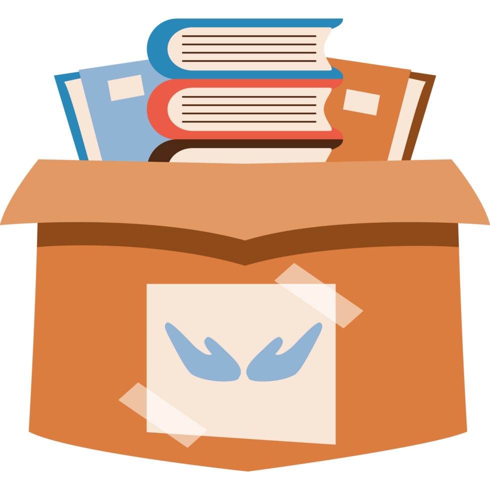 cardboard box with different books for donations png