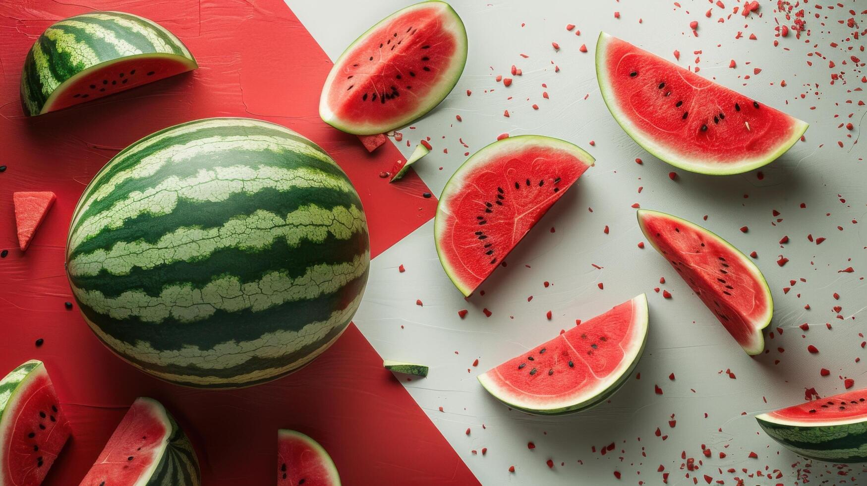 Fresh Watermelon Slices and Whole Melon on Red and White Background - Summer Fruit Concept photo