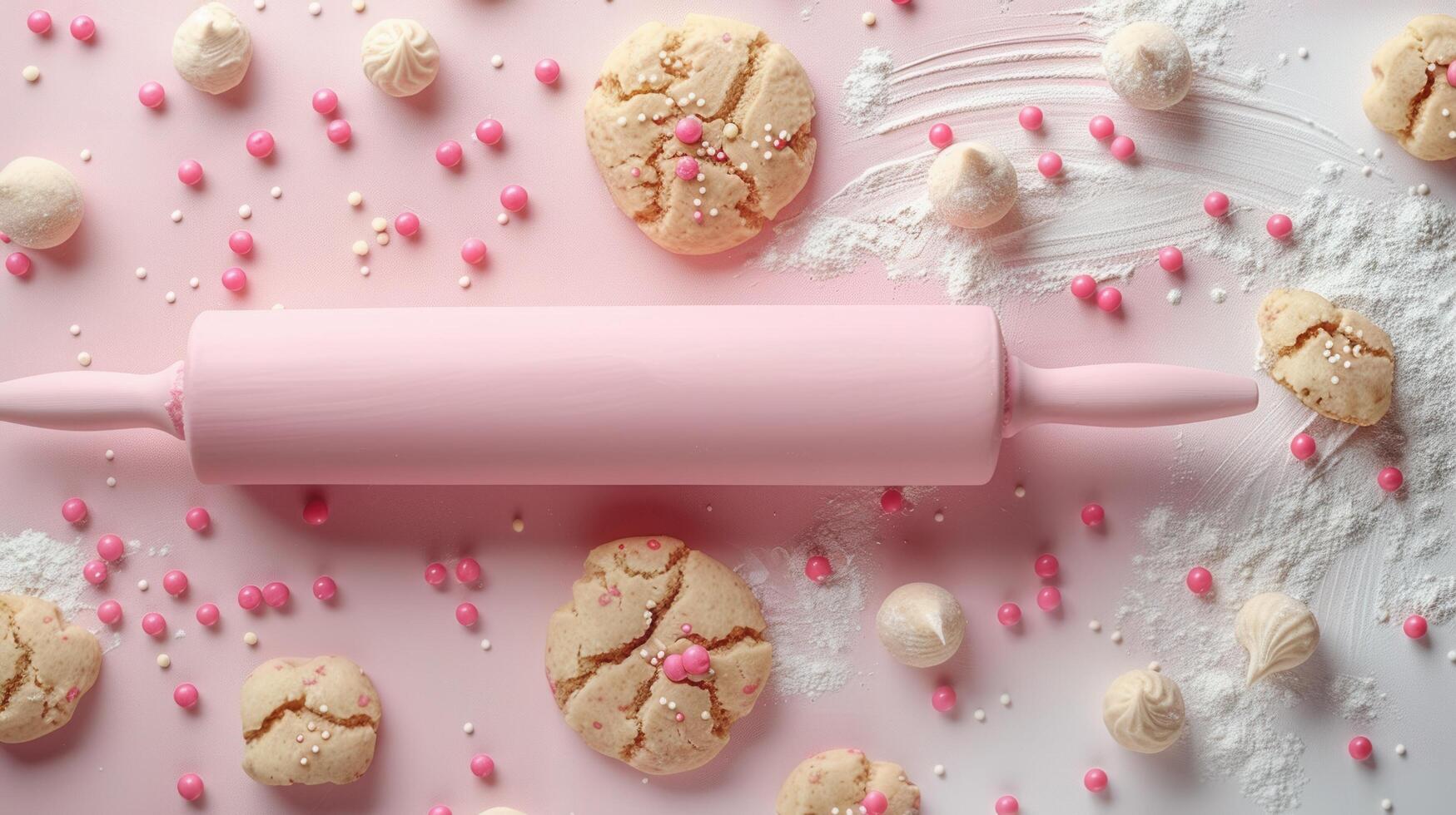 Pink Rolling Pin with Cookies and Baking Ingredients on Pastel Background - Sweet Baking Concept photo