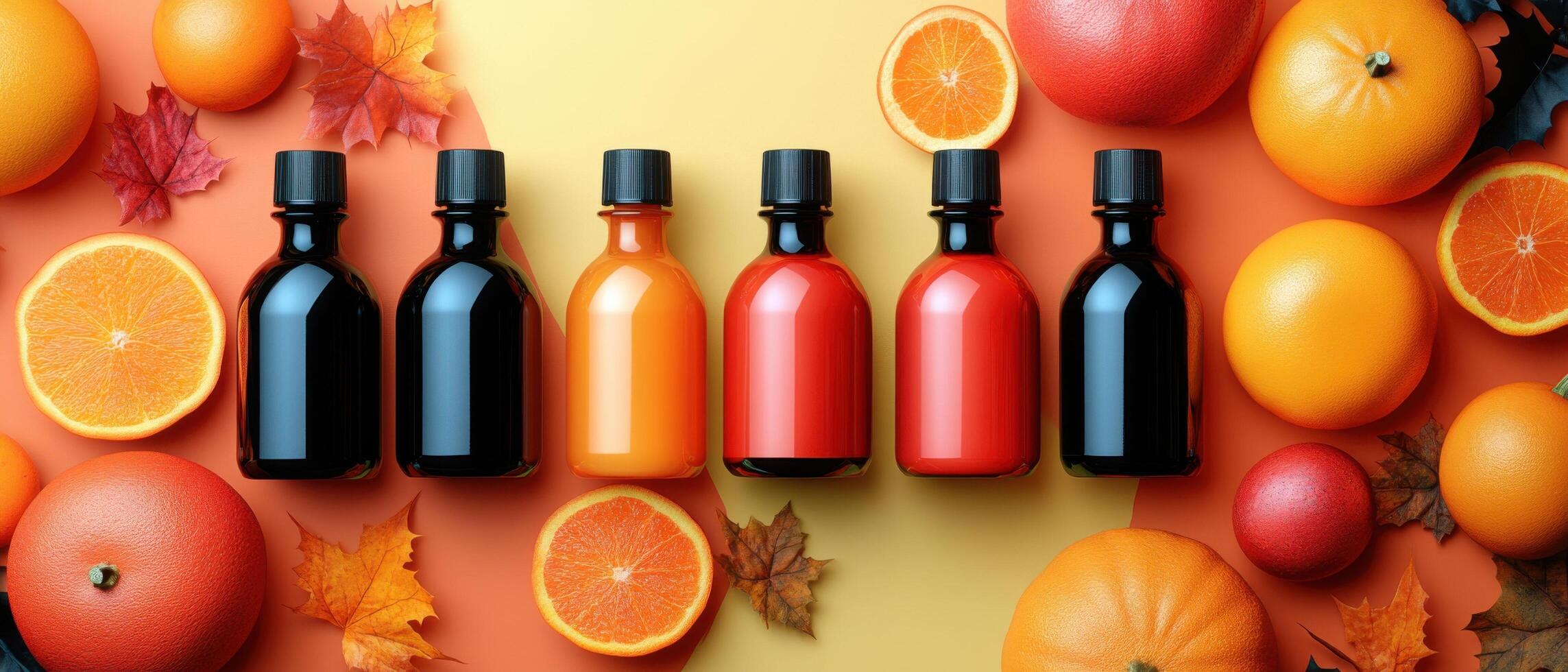 Colorful Bottles with Fresh Citrus Fruits and Autumn Leaves on a Vibrant Background photo