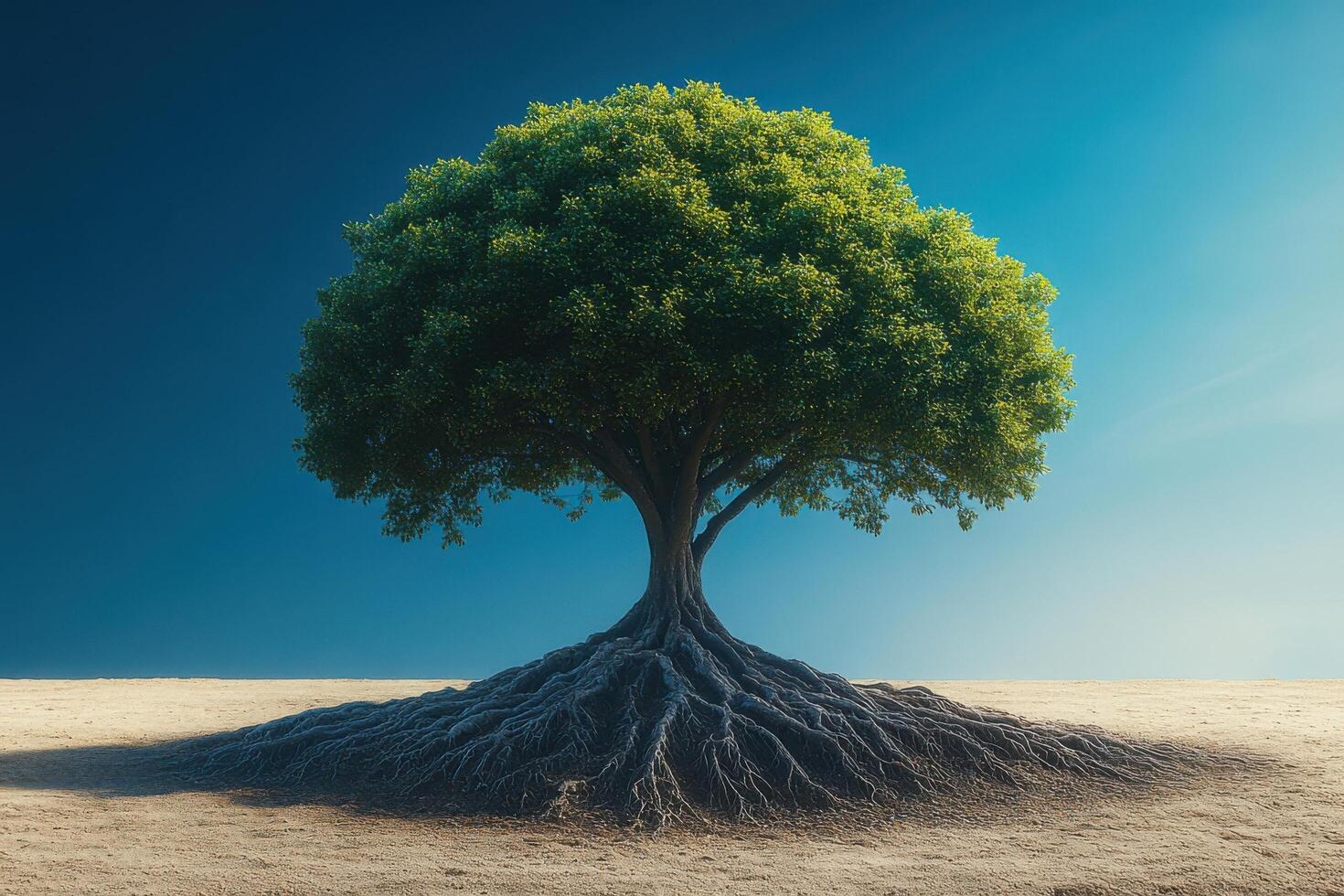 Majestic Tree with Extensive Root System in a Barren Landscape Under a Clear Blue Sky photo