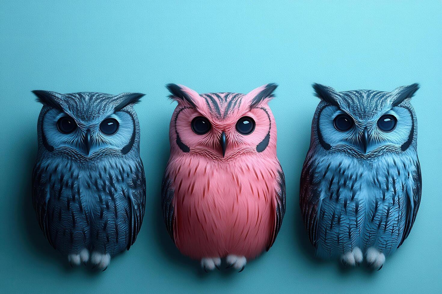 Three Colorful Owls on Blue Background - Unique Pink Owl Between Two Blue Owls photo